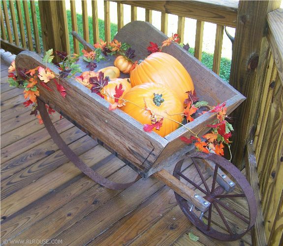 Wheelbarrow decorated for fall.