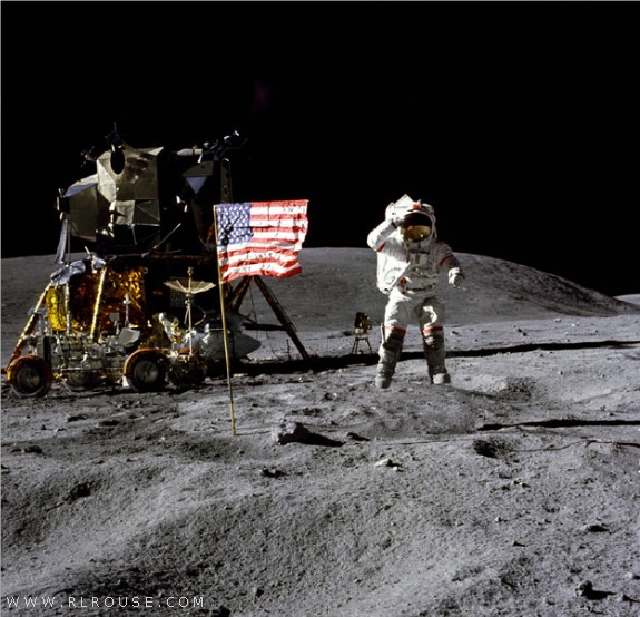 Astronaut John Young saluting the American flag on the moon.