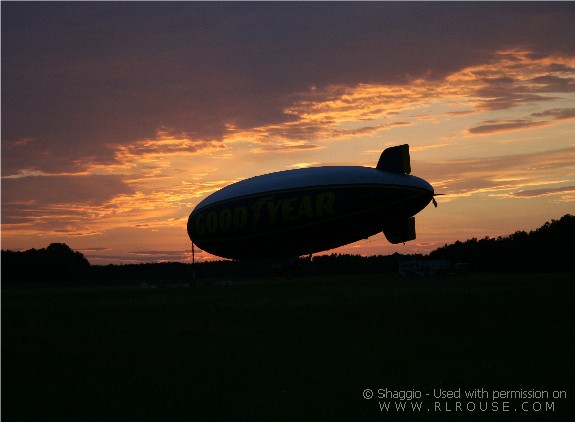 The Goodyear Blimp at sunset over Chester SC.